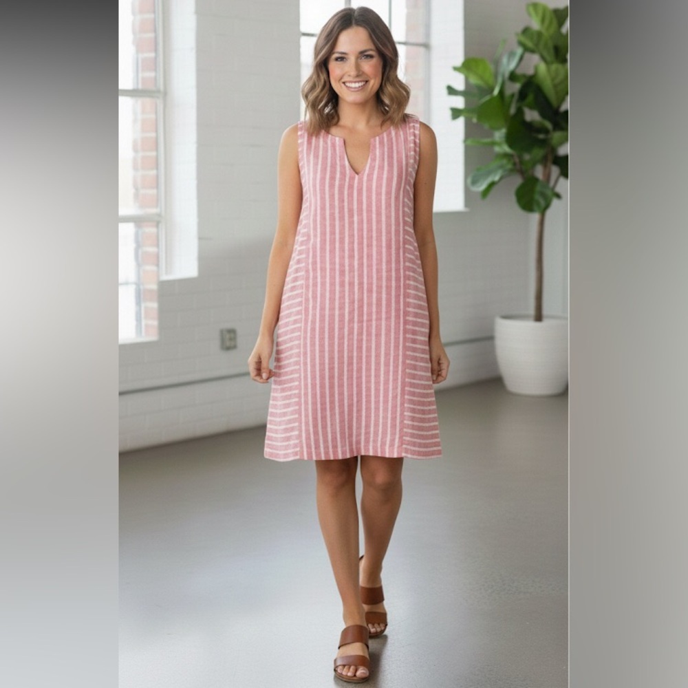 Sigrid Olsen 100% Linen Pink Striped Sleeveless Dress Size Small